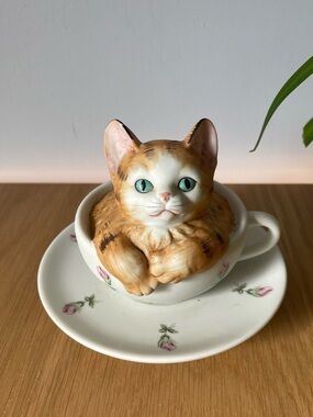 Vintage Mann Orange Tabby Cat Kitten in Teacup Rotating Music Box Japan Works